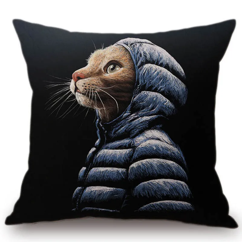 

Black Color Cushion Cover For Sofa Cool Cat in Hoodie Boxing Animal Car Pillow Cotton Linen Mr Meow Pillow Cover Home Decoration