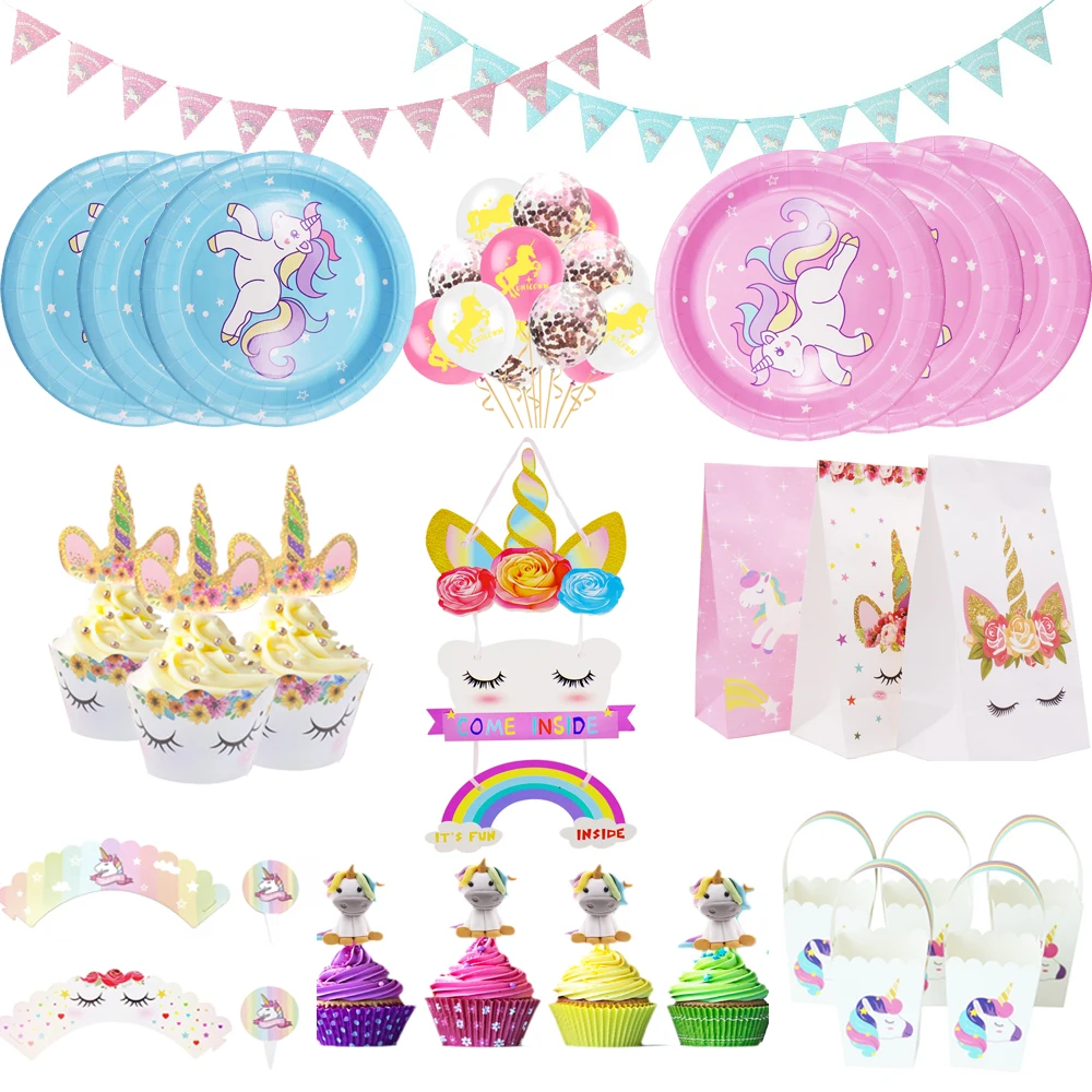 

Unicorn Party Pink Blue Paper Cup Plate Disposable Tableware Sets one first Birthday Decoration kid Baby Shower wedding Supplies