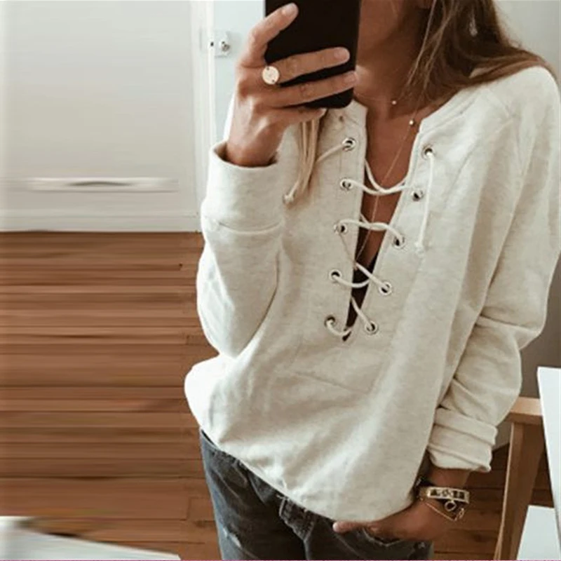 

Autumn Winter Women Long Sleeve Lace Up Sweatshirts Casual Solid Pullovers Tops Round Neck
