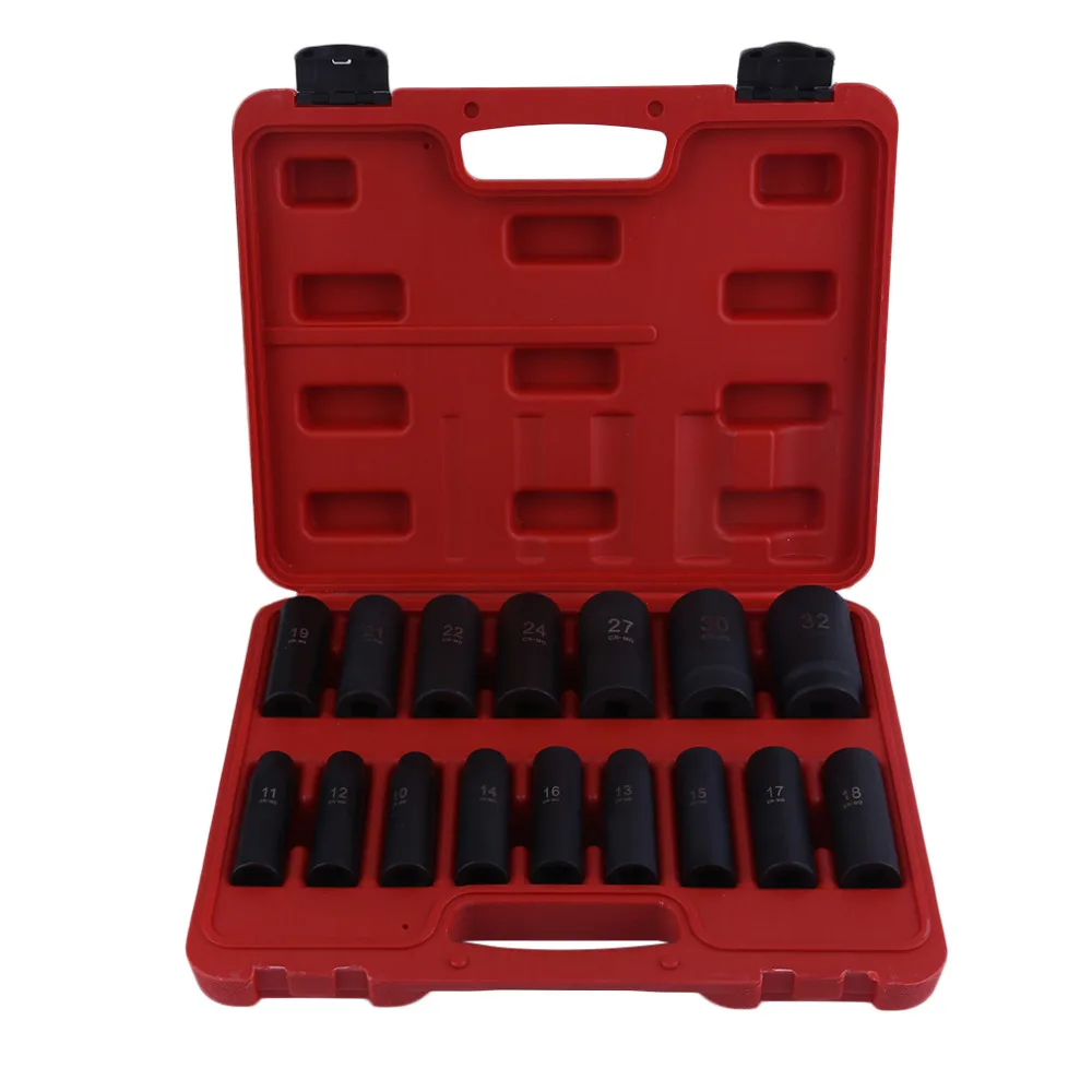 Universal 16pcs/set 1/2inch Sq Drive Metric 10-32 Mm Deep Impact Socket Set Repair Tool Normal Straight with Carry Case Hot