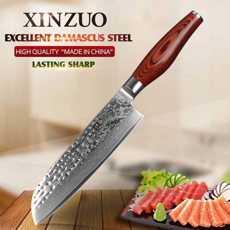 XINZUO 7 дюймов нож Santoku 67 слой Китай нож шеф-повара Дамасская нержавеющая сталь Профессиональный кухонный нож с деревянной ручкой Pakka - Цвет: Red Handle