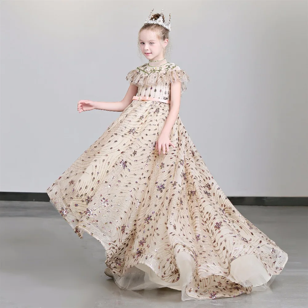 

Marfoli Turtleneck Princess Costumes Prom Model Dress for Girls First Communion Pageant Dress Catwalk Dress with Train
