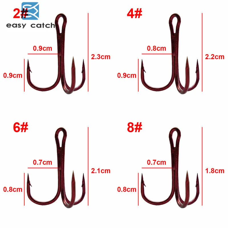 JSM 50pcs 35647 High Carbon Steel Treble Fishing Hooks Red Hard Lure Round  Bent Triple Artificial Lure Fishhooks