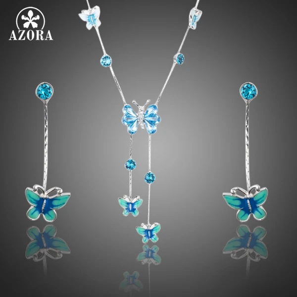 AZORA Elegant Stellux Austrian Crystal Butterfly Oil Painting Pattern Drop Earrings and Pendant Necklace Jewelry Set TG0190