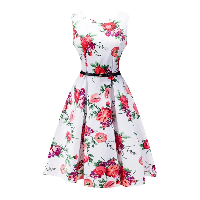 Kostlish 2017 New Summer Dress Women Floral Print Audrey Hepburn 50s 60s A-Line Vintage Dress Sleeveless Party Dresses Plus Size (116)