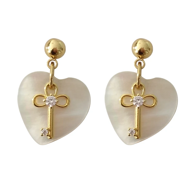

S925 silver stud New design factory outlet plating over alloy heart shell earring Lovely key charm stud earring ear accessory