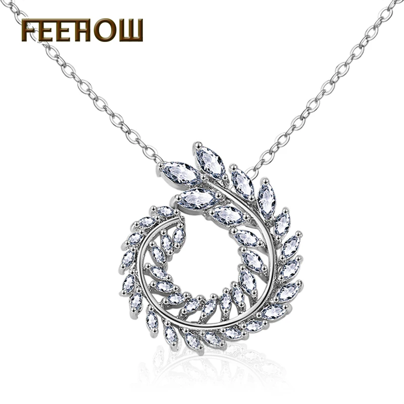 

FEEHOW Hot Sale White/Rose Gold Color Cubic Zirconia Olive Branch Shape Ladies Trendy Necklace For Anniversary FWNP062