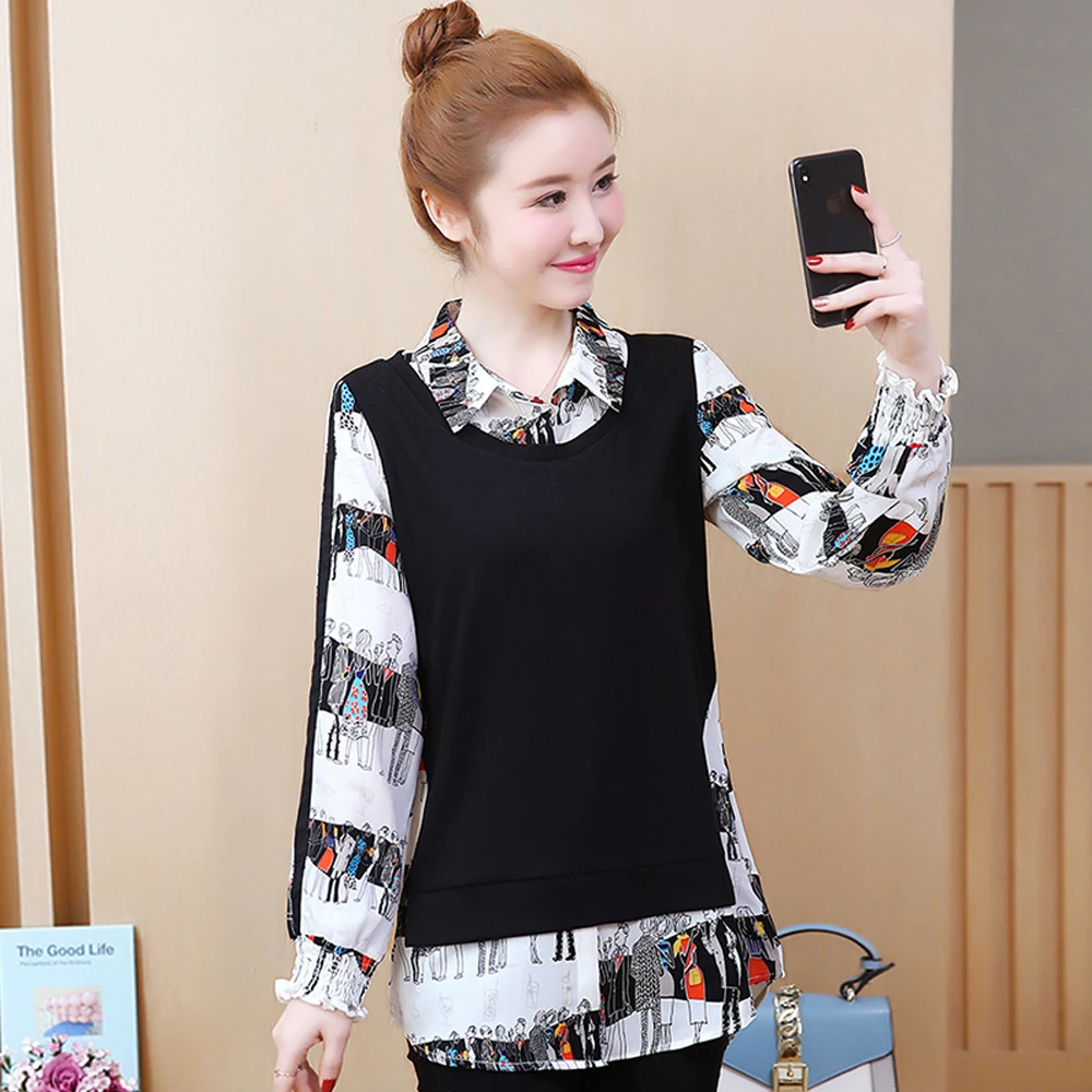 

Spring and autumn new style Fashion temperament stitching printed top large size XL-5XL women's clothing