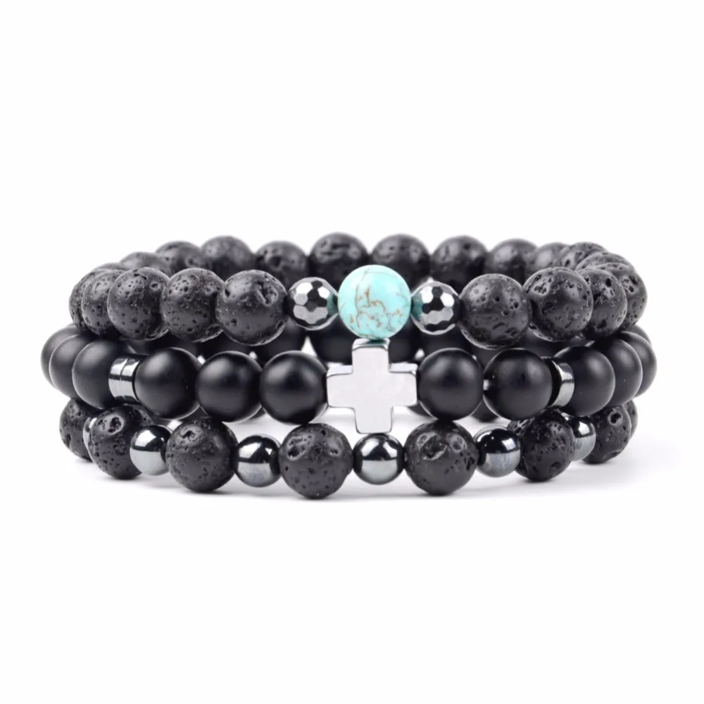 Drop Shipping 3pcs Christian Bracelet Sets Natural Stone Black Lava Turquoises Beads Cross Charm Bracelets For Women Men Jewelry Fashion Jewelry