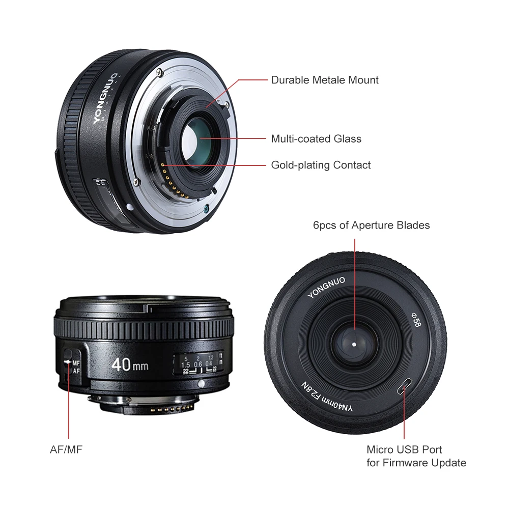 Объектив YONGNUO yn40мм 40 мм F2.8N AF объектив MF широкоугольный Prime с автофокусом для