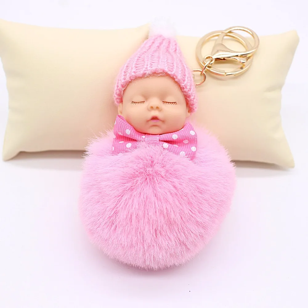 2018 Rabbit Fur Ball Key Chain Car Keyring Sleeping Baby Doll Keychain