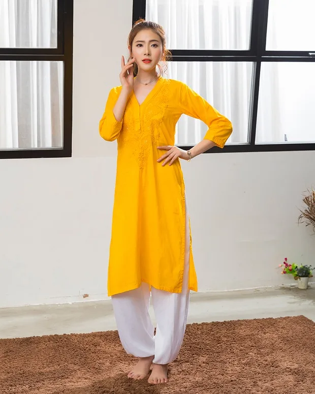 Индийская традиционная Женская Йога костюм хлопок Вышивка Топ Длинные стили желтый жакет