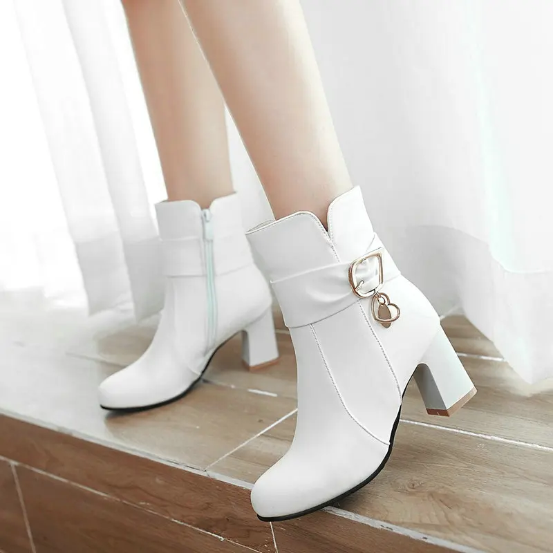 

Female Comfortable Thick Heel Ankle Boots Fashion Buckle Zipper Boots Women Round Toe Fall Winter Shoes Black White Pink