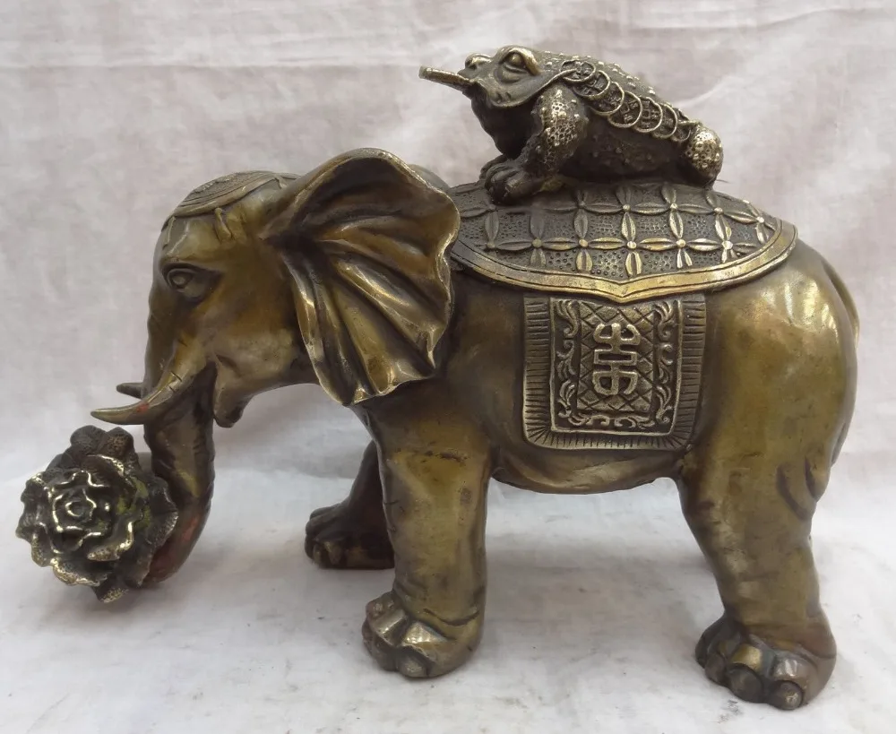 

xd 002055 12" Folk Chinese Bronze Toad Hoptoad Ride Elephant Carry Cabbage Statue Animals