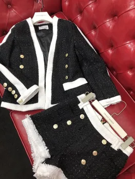 

New girls with golden button is black white red color matching blazer plus double-breasted pants suit