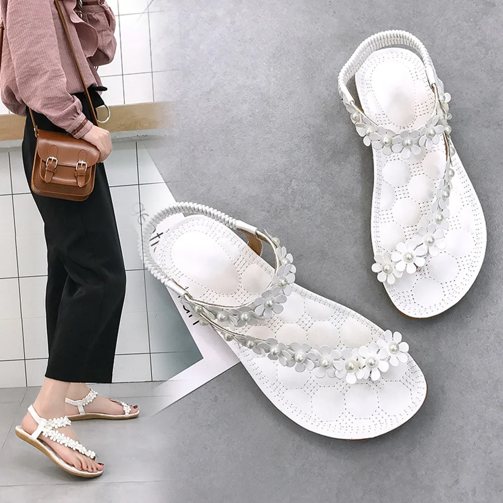 

Women Sandals Shoes Summer Bohemia Flower Open Toe Soft bottom Beads Sandals Shoes Woman Flip-flop Shoes Flat Sandals Zapatos