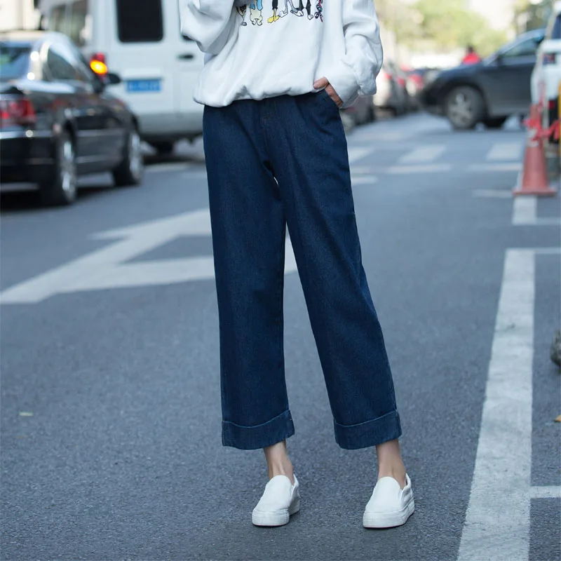 

J2FE219#6029 Kesebi 2016 Autumn Female Calf-length Casual Cuffs Denim Trousers Jeans Women Korean Style Loose Wide Leg Pants