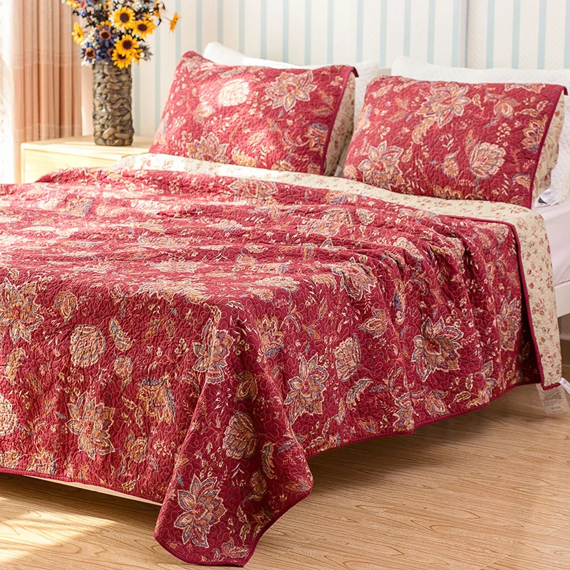 

CHAUSUB Vintage Cotton Quilt Set 3PC Quilted Bedspread on the Bed Cover Pillowcase King Queen Size Coverlets Red Blanket for Bed