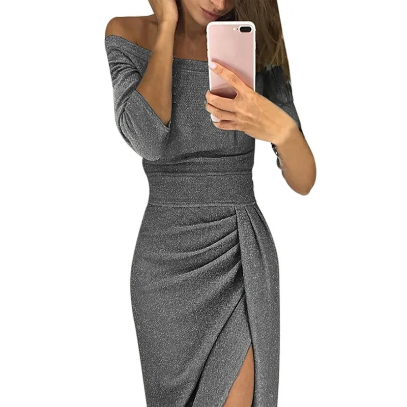 Лидер продаж, Осеннее женское платье с вырезом лодочкой, модное однотонное Плиссированное женское платье, сексуальное платье с высоким разрезом, туника с блестками, вечернее платье vestidos - Цвет: gray