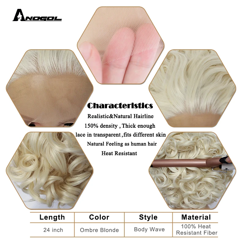 Anogol High Temperature Fiber Deep Peruca Perruque Short Body Wave Full Hair Wigs Platinum Blonde Bob Synthetic Lace Front Wig