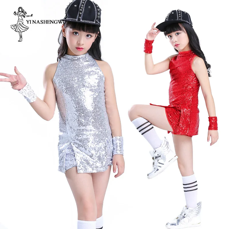 Yyyuluo Meisjes Pailletten Hip Hop Jazz Performance Kostuums Rokjes Kinderen Straat Dans Kleding Set Mouwloos Danskleding Tanktop Dans Jurk Outfits Cosplay, Zilver 120cm (Maten Kleiner