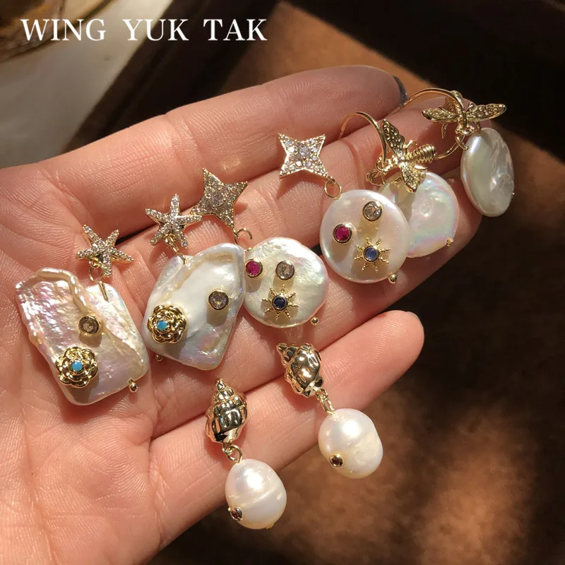 

wing yuk tak Baroque Freshwater Pearls Earings For Women Korean Fashion Geometric Statement Drop Earrings Party Jewelry Gift