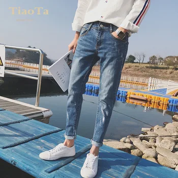 

Top quality 2020 Spring Ripped hole jeans male slim fit pancil pants joker teenagers Moustache Effect Ankle length trousers