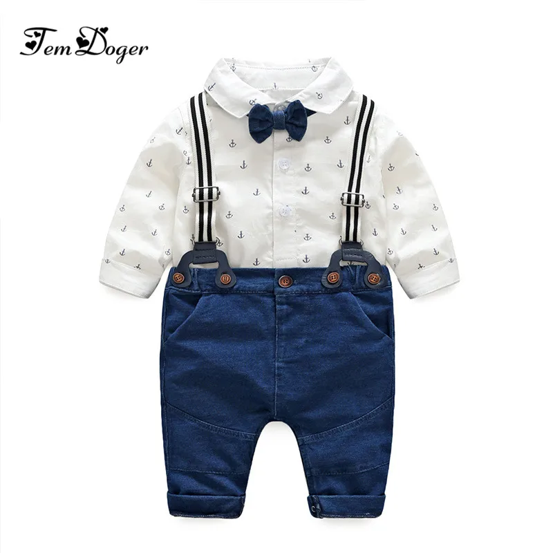 

Baby Boy Clothing Sets 2018 Infant Newborn Boys Clothes Tie Rompers+Overalls 2PCS Gentleman Outfits Sets for Bebes Wear