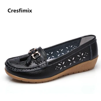 

Cresfimix women casual street breathable leather flat shoes lady anti skid floral printed black shoes lady leisure shoes c2104