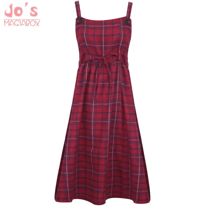 

2019 Long Dress Sleeveless Strap Dress Plus Size Summer Red Plaid Dress Women Cotton Square Collar Loose Cotton Retro Preppy