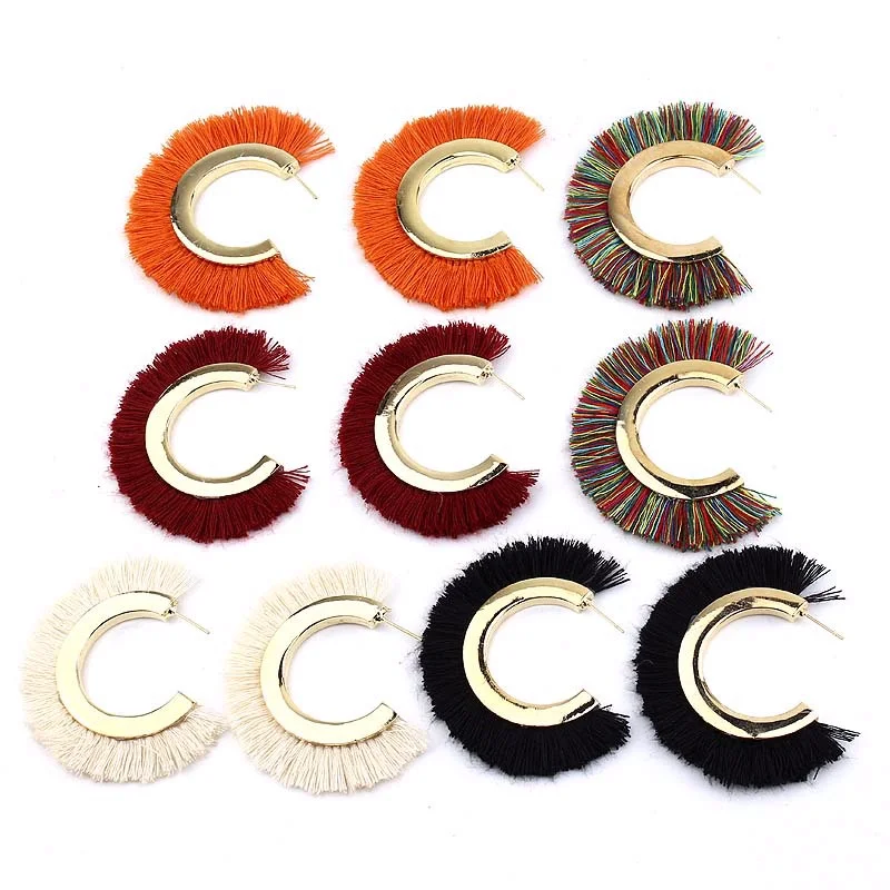 

CHUKUI Fall Winter New Style Ethnic Half Circle Gold mMetal Fringe Tassel Hoop Earrings For Women