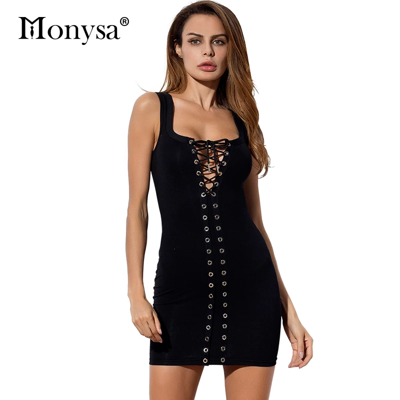 

Lace Up Dress Women 2018 Summer New arrivals Cotton Sexy Club Dresses Ladies Sleeveless Sexy Bodycon Bandage Mini Dress Black