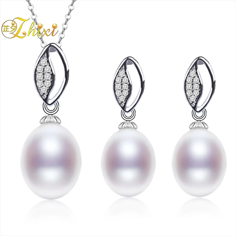 

ZHIXI Pearl Jewelry Sets Pendant Necklace Choker Drop Earrings For Women Real Fresh Water Elegant Simple Wedding Party Gift T233