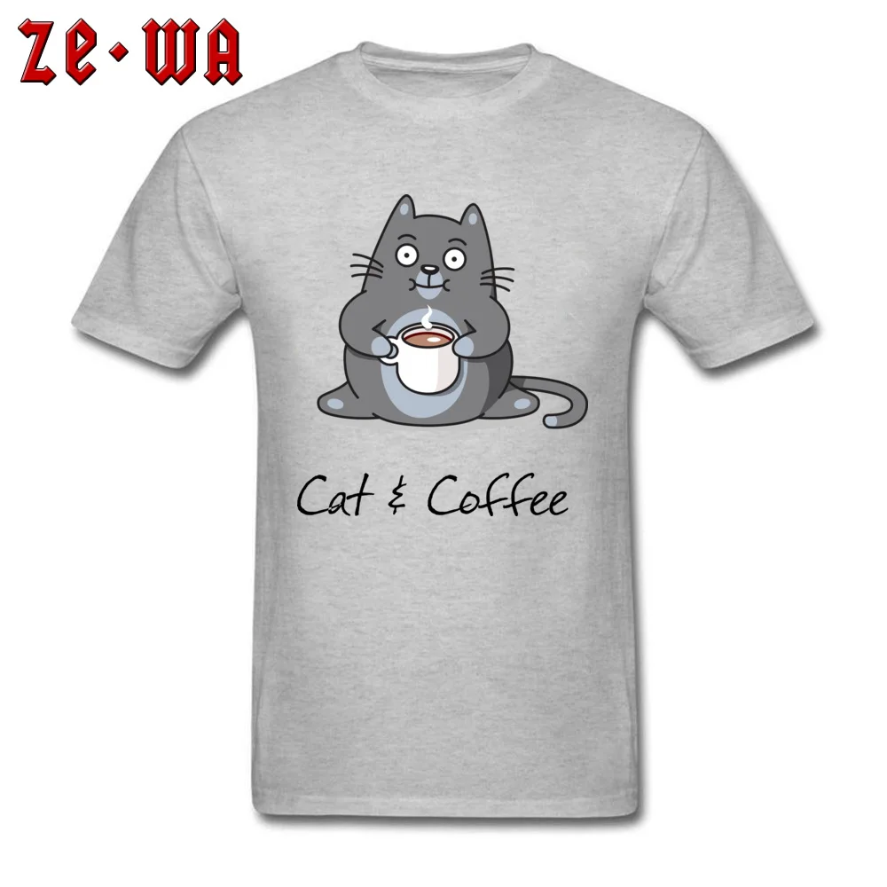 Cat and Coffee Tshirts Short Sleeve Casual Company Men VALENTINE DAY T Shirt Casual Tops T Shirt O-Neck 100% Cotton Cat and Coffee grey