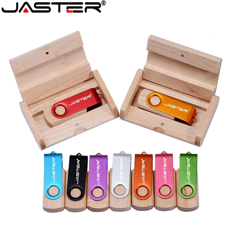 JASTER поворотный USB флеш-накопитель 4 ГБ 8 ГБ 16 ГБ 32 ГБ usb 2,0 флеш-накопитель деревянная коробка печать логотипа на заказ