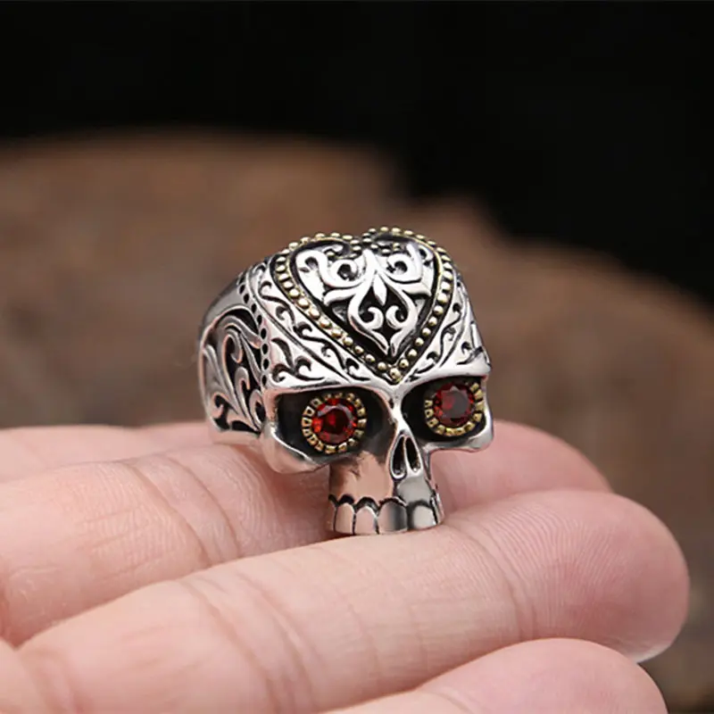Solid Silver 925 Sugar Skull Rings Men Women With Red Stone Chunky Wide