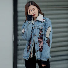 Для женщин джинсовая куртка Лидер продаж пальто с длинными рукавами модные Кран Цветок Вышивка Куртки с со съемной теплой подкладкой синий