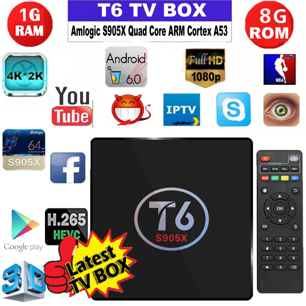 

New T6 Anroid 6.0 Smart TV Box Amlogic S905X Quad Core Wifi HDMI 4K Media Player Mini Set Top Box for All Tech Tv