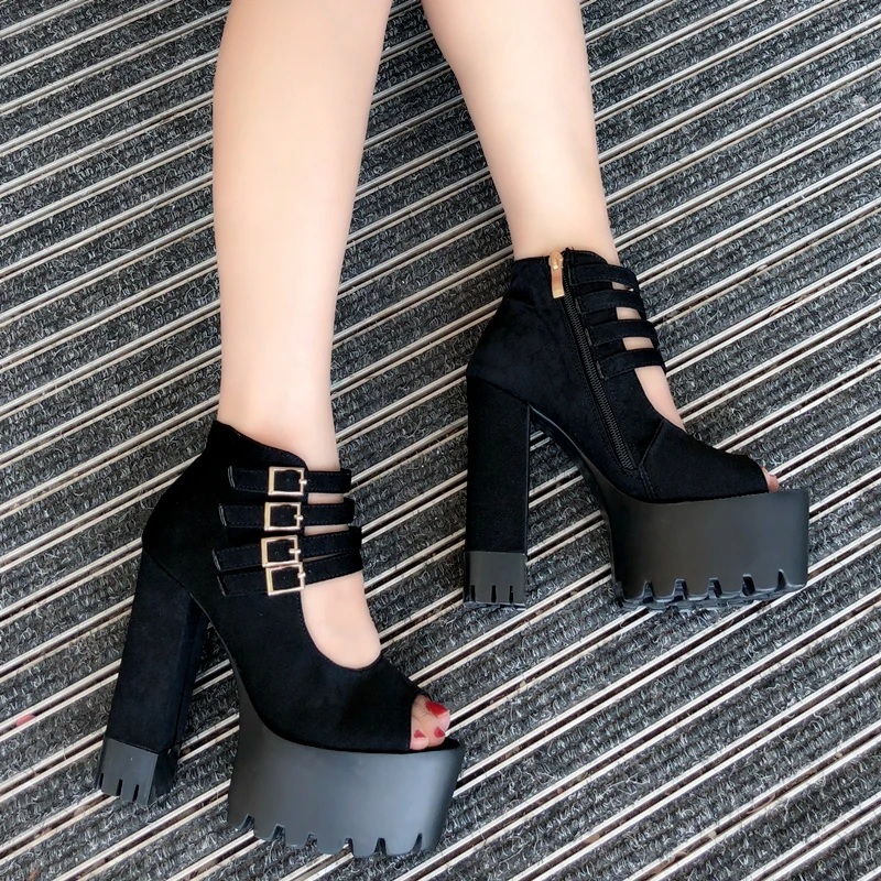 

2019 autumn new hollow fish mouth shoes thick with waterproof platform high heels female super high heel 15CM strap sexy sandals