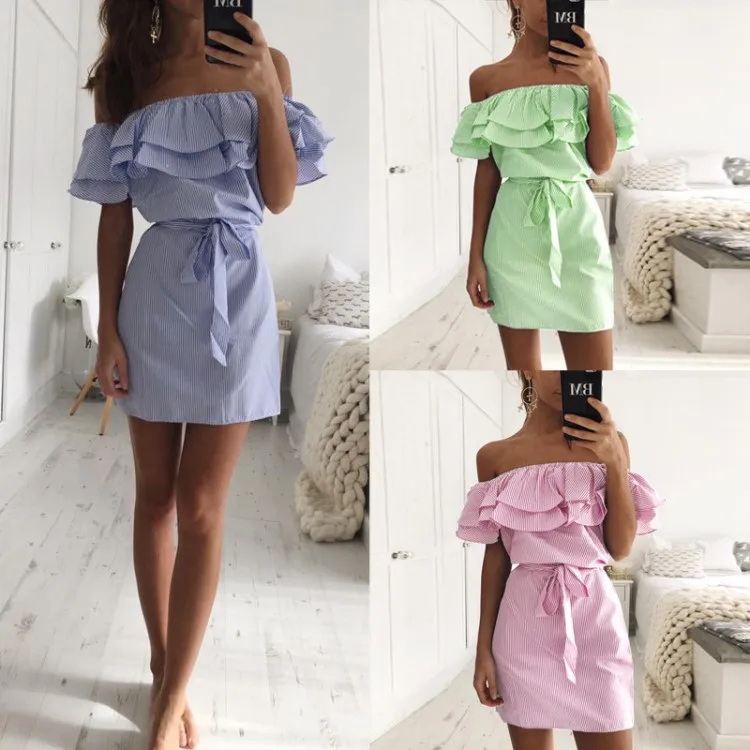 Off Shoulder Strapless Striped Ruffles Dress Women 2018 Summer Sundresses Beach Casual Shirt Short Mini Party Dresses Robe Femme