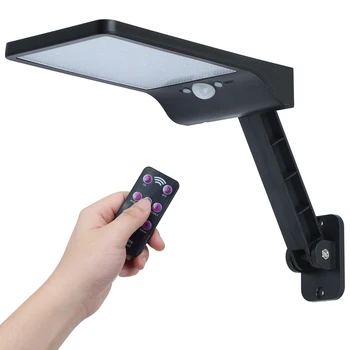 QLTEG 태양광 발전 가로등 PIR 모션 센서 벽 램프, 야외 방수 원격 제어 회전 브래킷, 450 LM 48 LED