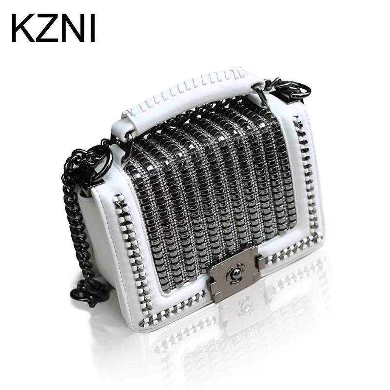 

KZNI Genuine Leather Women Bag Chain Rivet Crossbody Bag Women Messenger Purses and Handbags Summer Sac a Main Femme 9159-22