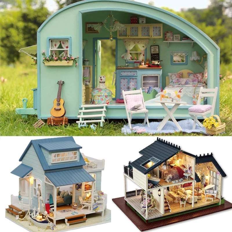 

Doll House Case Miniature DIY Dollhouse With Furnitures LED Light Building Kits House Model Christmas Gift Toys For Children #E