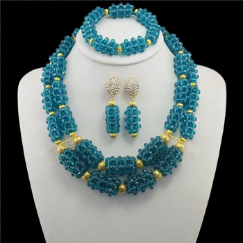 

Nigerian Wedding African Beads Jewelry Set Crystal Peacock blue Necklaces Earrings With Crystal Beads for Women
