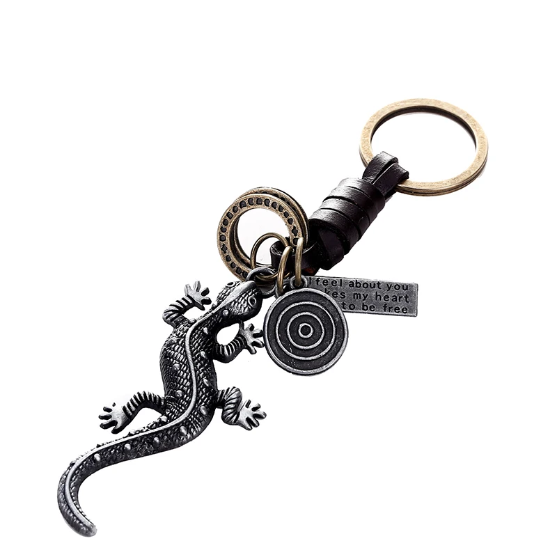 

Retro Bronze Metal Gecko Keychain Real Cowhide Leather Auto Lizard Key Chains Keyring Car Key Ring Bag Charm Pendant Gifts