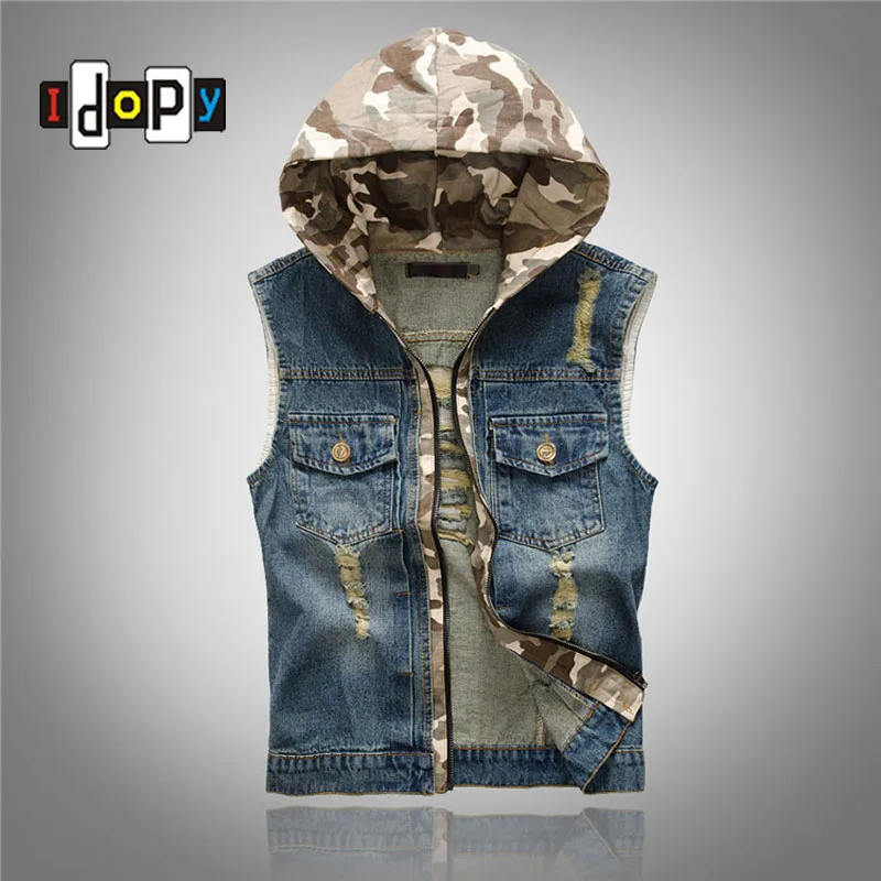 Cool Mens Denim Jean Vests Hooded Camo Distressed Ripped Acid Washed