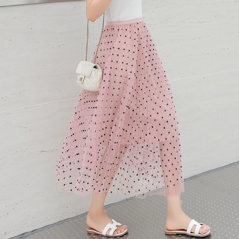 Новинка, весенне-Летняя женская фатиновая юбка, корейская мода, в горошек, высокая талия, плиссированная юбка, Женская Повседневная Длинная юбка