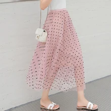 Новинка, весенне-Летняя женская фатиновая юбка, корейская мода, в горошек, высокая талия, плиссированная юбка, Женская Повседневная Длинная юбка