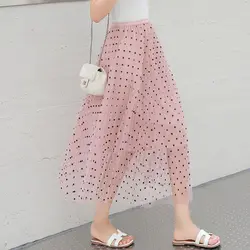 Новинка 2019 года сезон: весна-лето для женщин Тюлевая юбка корейская мода Dot Высокая талия юбка женская плиссированная юбка повседневное