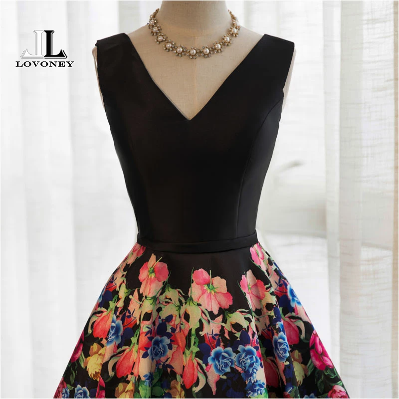LOVONEY Evening Dresses Long A Line V Neck Sexy Formal Dress Flower Pattern Satin Party Dresses Evening Gown Lace-Up Back M242